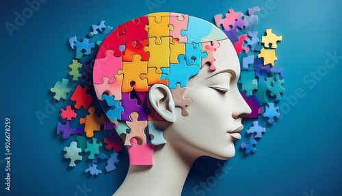 Wallpaper Mural Colorful puzzle pieces forming a person's head in front of blue background, mental health concept Torontodigital.ca