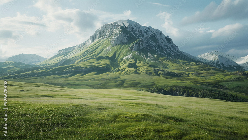 a dome mountain with a gentle, rounded peak and a serene meadow below a dome mountain with a gentle, rounded peak and a serene meadow below
