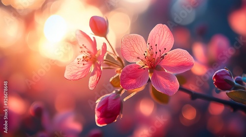 A close up of a pink flower on a tree branch