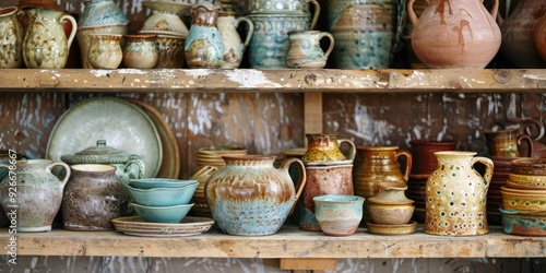 A rustic display of handcrafted pottery on wooden shelves, showcasing various shapes and colors of ceramic vessels. photo