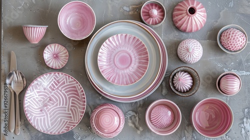 Pink ceramic dinner set flat lay on grey textured background, minimalist table setting with crockery photo