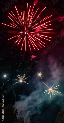 Fireworks with pattern of lights in the night sky as background.