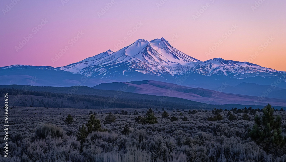 Fototapeta premium a dome mountain with a snow-capped summit against a pastel sunrise