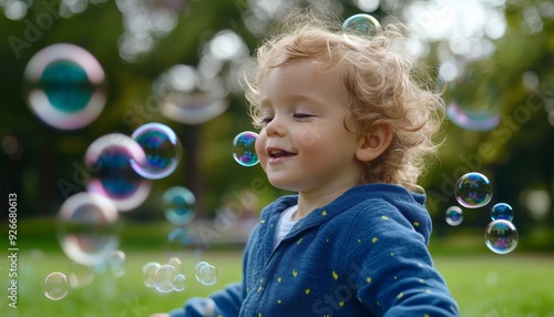 Happy toddler boy watches soap bubbles float in the air.
