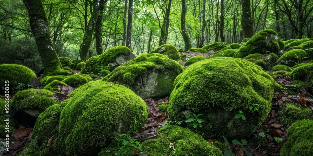 A serene forest landscape featuring vibrant green moss covering rocks, creating a natural, tranquil atmosphere. A serene forest landscape featuring vibrant green moss covering rocks, creating a natural, tranquil atmosphere.