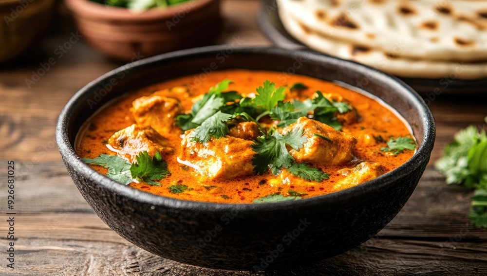 A bowl of chicken curry with cilantro garnish. A bowl of chicken curry with cilantro garnish.