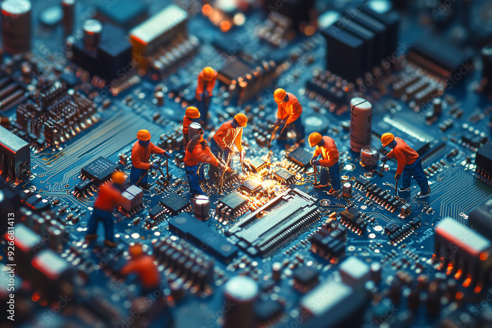Miniature Workers Repairing Circuit Board. Miniature Workers Repairing Circuit Board.
