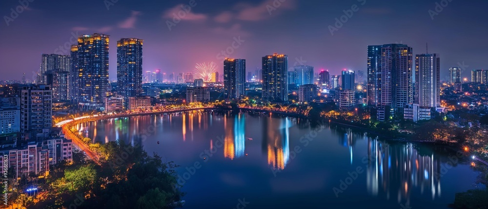 Fototapeta premium AI generator image of condominium, luxurious high-rise building with a pond and road around the building, at night beautiful lights from the building and road.
