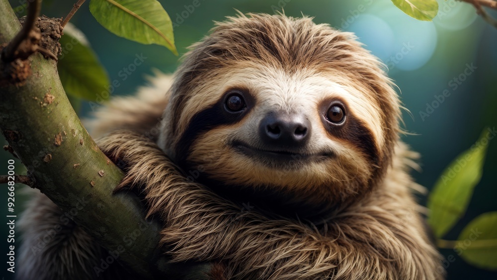 Adorable sloth clinging to a tree branch with lush green foliage in the background. Close-up photograph depicting the charm of wildlife Adorable sloth clinging to a tree branch with lush green foliage in the background. Close-up photograph depicting the charm of wildlife