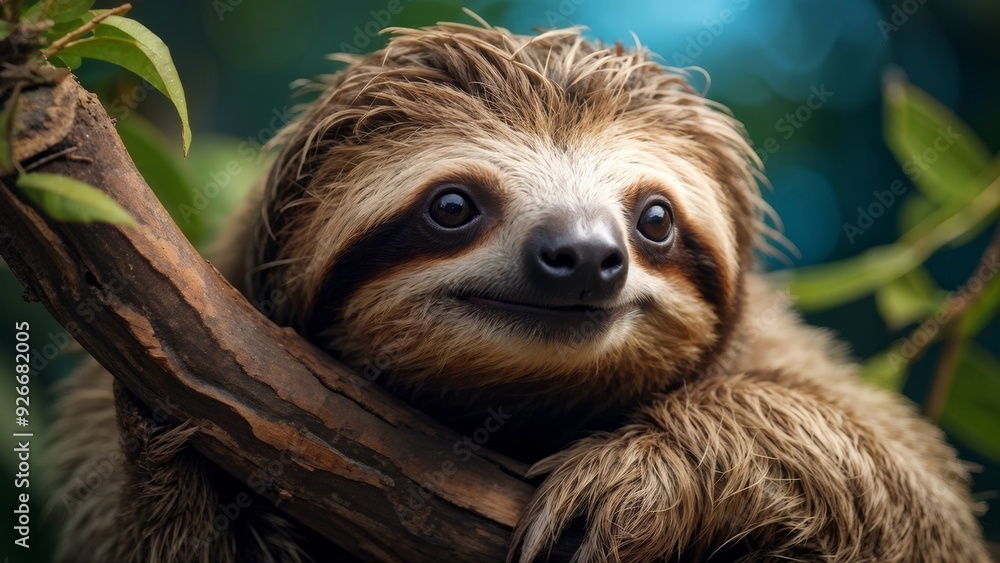 Fototapeta premium Adorable sloth clinging to a tree branch with lush green foliage in the background. Close-up photograph depicting the charm of wildlife