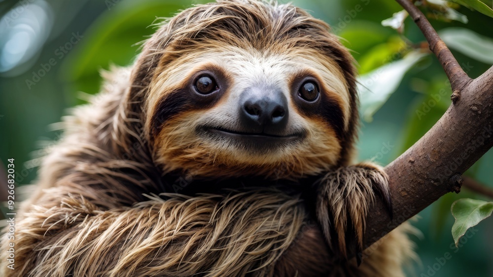 Adorable sloth clinging to a tree branch with lush green foliage in the background. Close-up photograph depicting the charm of wildlife Adorable sloth clinging to a tree branch with lush green foliage in the background. Close-up photograph depicting the charm of wildlife