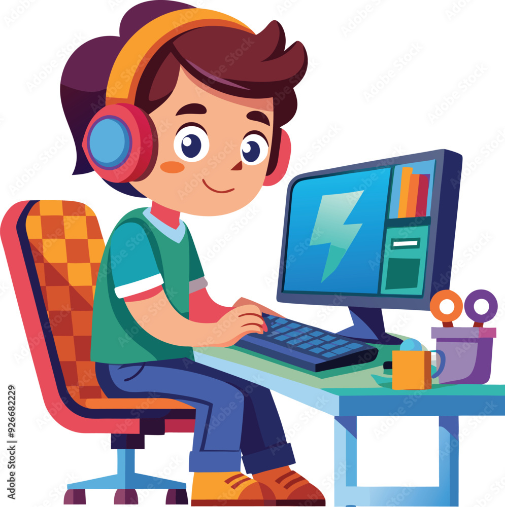 a boy is playing games in hi pc vector a boy is playing games in hi pc vector