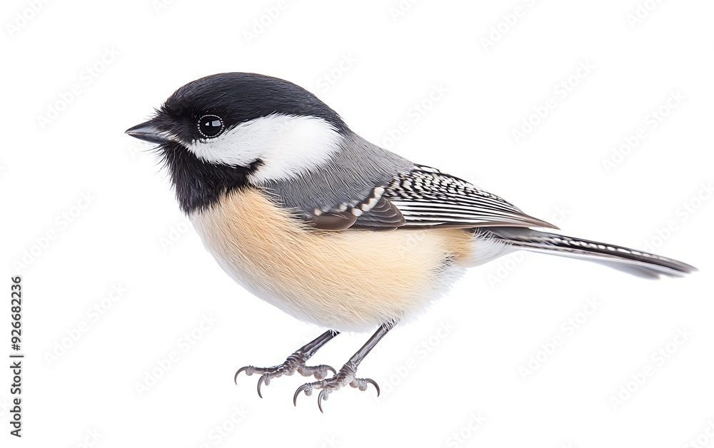 A black-capped chickadee with a white background, perched with its wings folded and looking to the left. A black-capped chickadee with a white background, perched with its wings folded and looking to the left.