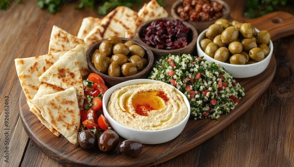 Mediterranean appetizer platter with hummus, olives, pita bread. Mediterranean appetizer platter with hummus, olives, pita bread.