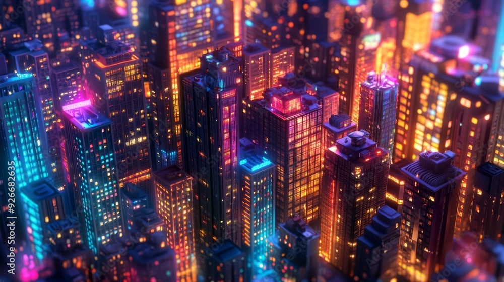 A detailed shot of a cityscape at night, with colorful LED lights illuminating buildings and streets, capturing the vibrant nightlife atmosphere. A detailed shot of a cityscape at night, with colorful LED lights illuminating buildings and streets, capturing the vibrant nightlife atmosphere.