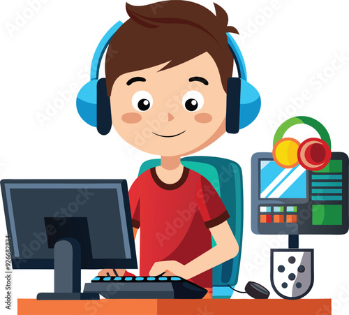 a boy is playing games in hi pc vector