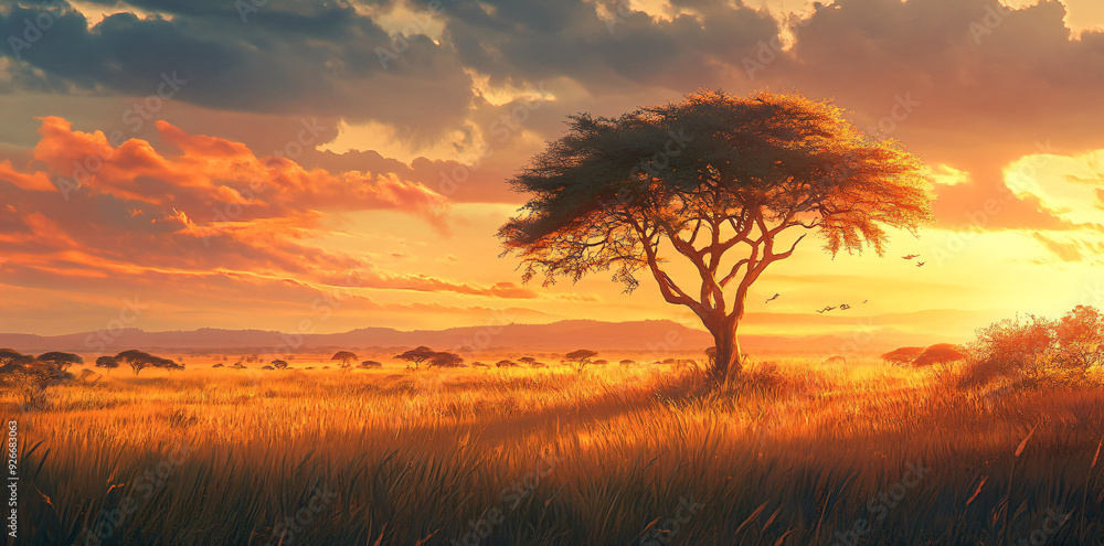 African Sunset with Silhouette of Tree. African Sunset with Silhouette of Tree.