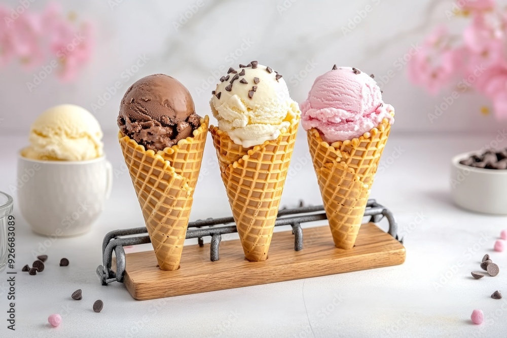 Three ice cream cones with chocolate, vanilla, and strawberry ice cream on wooden stand. Three ice cream cones with chocolate, vanilla, and strawberry ice cream on wooden stand.