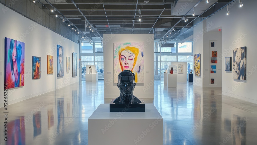 Modern gallery with sculptures and paintings. Modern gallery with sculptures and paintings.