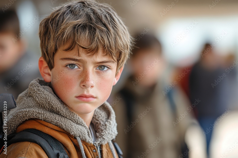 Boy with backpack looking at camera with other people in background, physical bullying Boy with backpack looking at camera with other people in background, physical bullying