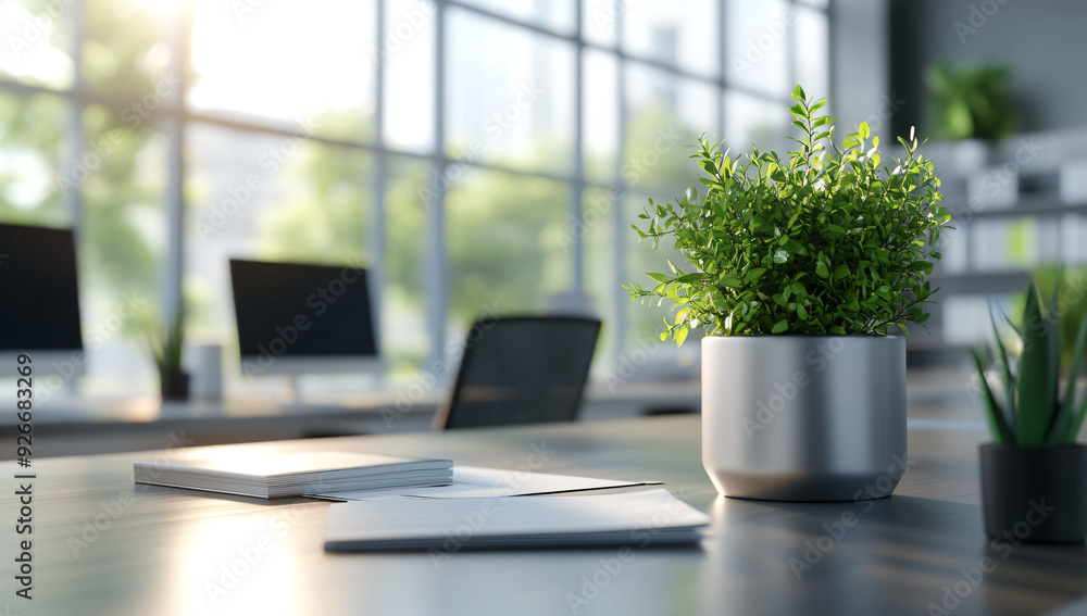 Modern Office Desk with Plant and Papers. Modern Office Desk with Plant and Papers.