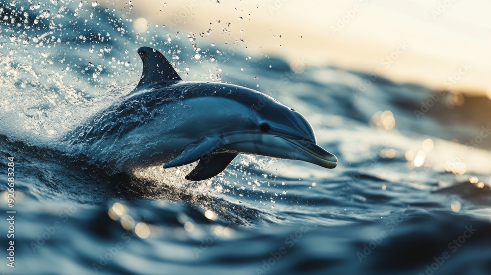 Fototapeta premium A detailed shot of a dolphin splashing and playing near the water surface, with a focus on the droplets and the dolphin's sleek, shiny skin.