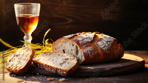 Bread and wine with wheat on wooden table