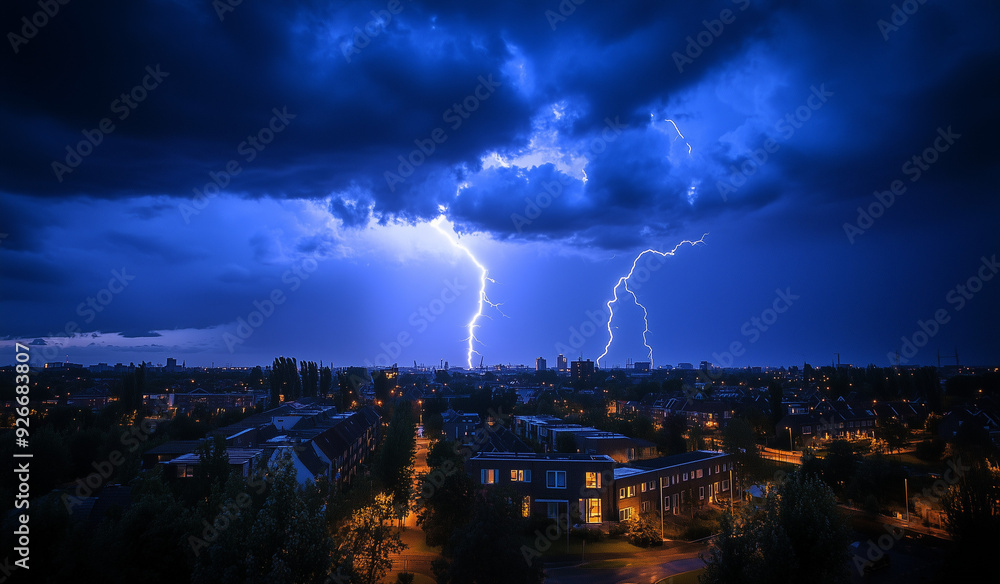 Lightning in the sky, evening, summer night, dutch village, citty Lightning in the sky, evening, summer night, dutch village, citty