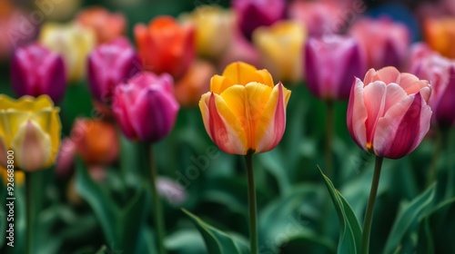 A detailed shot of a field of colorful tulips in full bloom, showcasing a spectrum of hues and the lush green foliage surrounding them