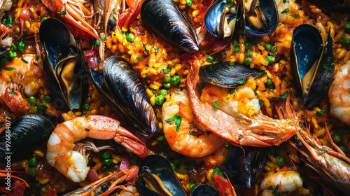 A detailed shot of a fresh seafood paella with shrimp, mussels, and clams, highlighting the vibrant colors and rich textures of the dish.