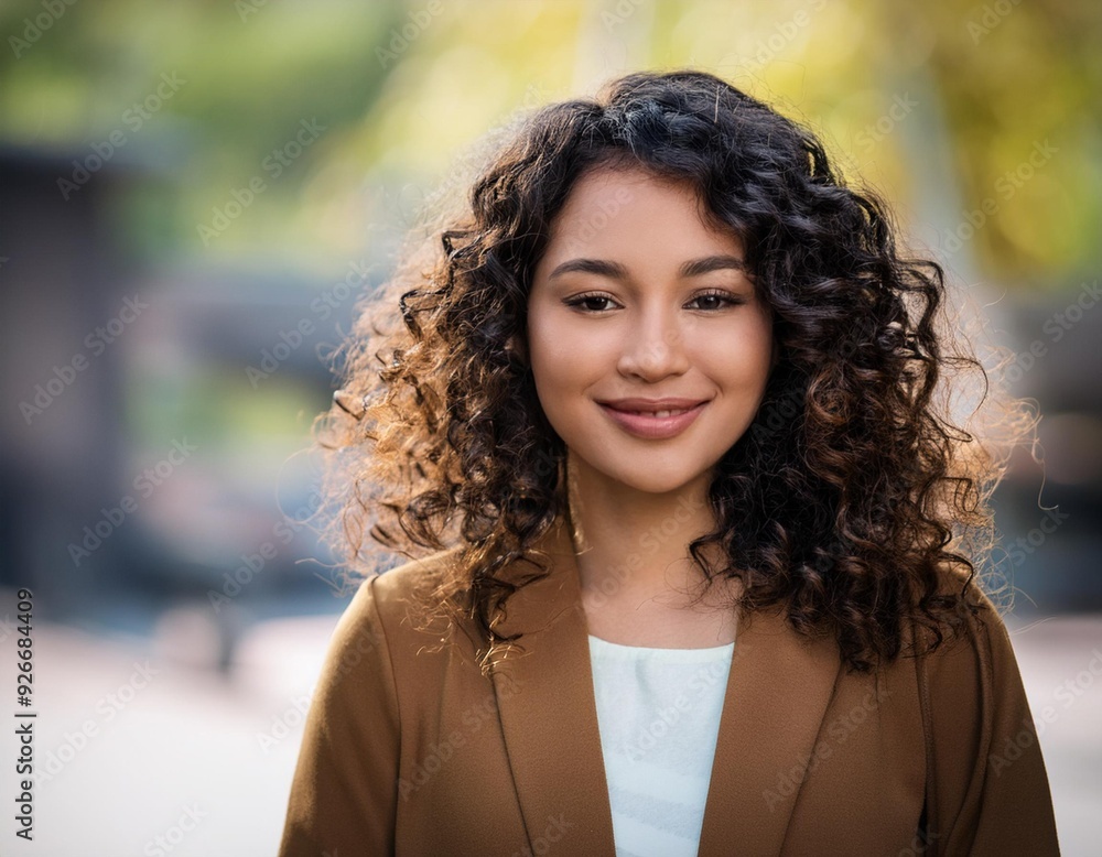 Portrait of a young woman with curly hair smiling in front of a blurred background Portrait of a young woman with curly hair smiling in front of a blurred background