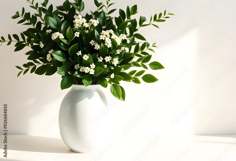 A serene minimalistic design featuring a white vase adorned with greenery and flowers. A serene minimalistic design featuring a white vase adorned with greenery and flowers.