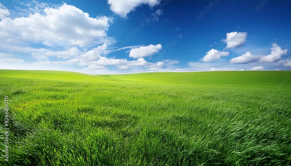 Fototapeta premium Sky and grass background, fresh green fields under the blue sky in spring