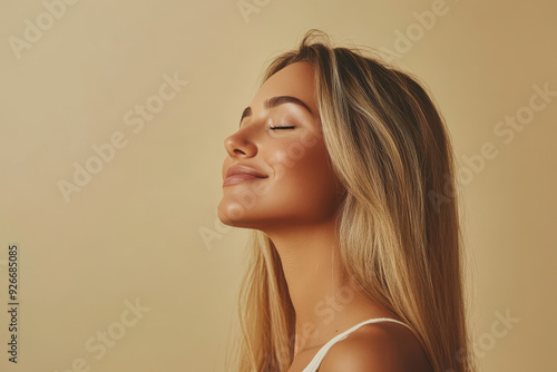 A close up of a black woman's face with her eyes closed and long blond hair