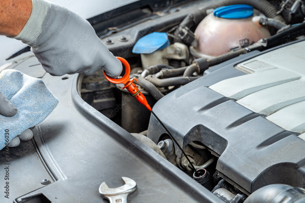 Mechanic checking lubricant oil level of a car with dipstick in the workshop. Vehicles maintenance. Mechanic checking lubricant oil level of a car with dipstick in the workshop. Vehicles maintenance.