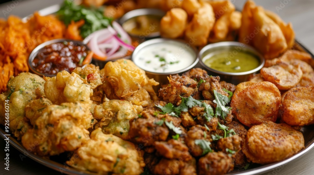Fototapeta premium A detailed shot of a platter of assorted Indian appetizers, including pakoras, onion bhajis, and chutneys, arranged artfully on a plate.