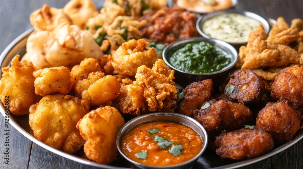 A detailed shot of a platter of assorted Indian appetizers, including pakoras, onion bhajis, and chutneys, arranged artfully on a plate. A detailed shot of a platter of assorted Indian appetizers, including pakoras, onion bhajis, and chutneys, arranged artfully on a plate.