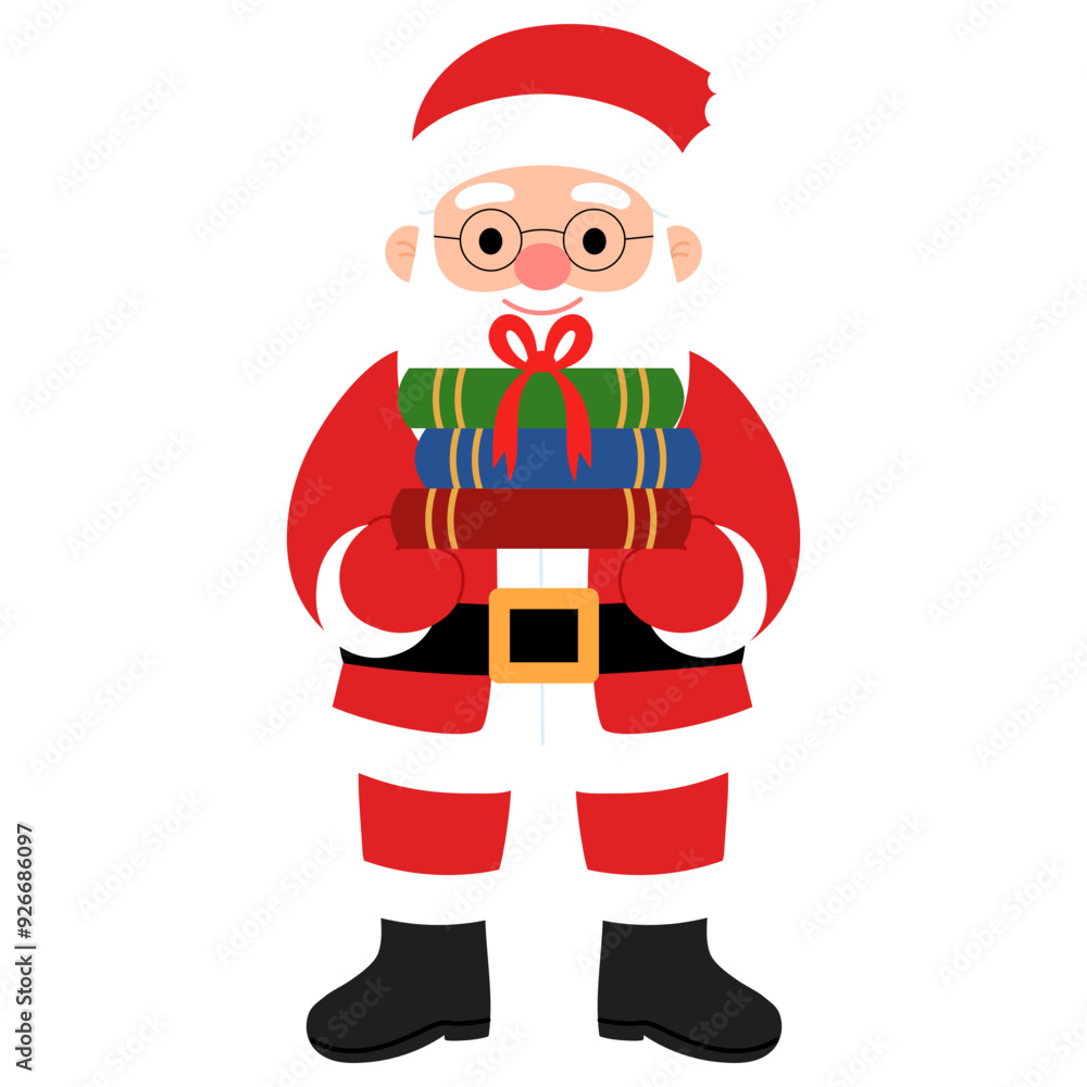 happy santa claus wearing eye glasses is holding books with red bow and reading book illustration happy santa claus wearing eye glasses is holding books with red bow and reading book illustration