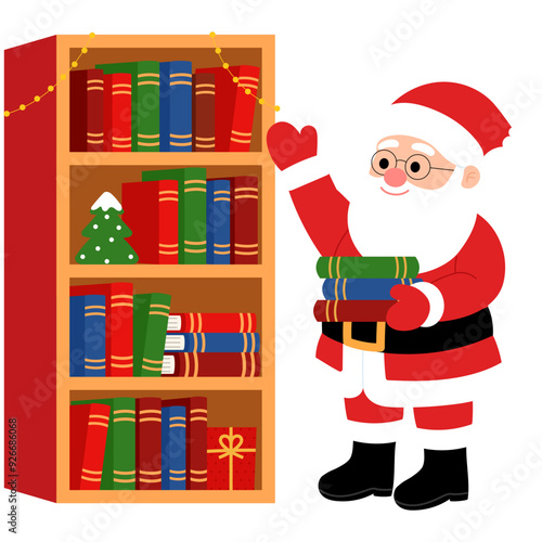 happy santa claus wearing eye glasses is organizing book at bookshelf illustration 