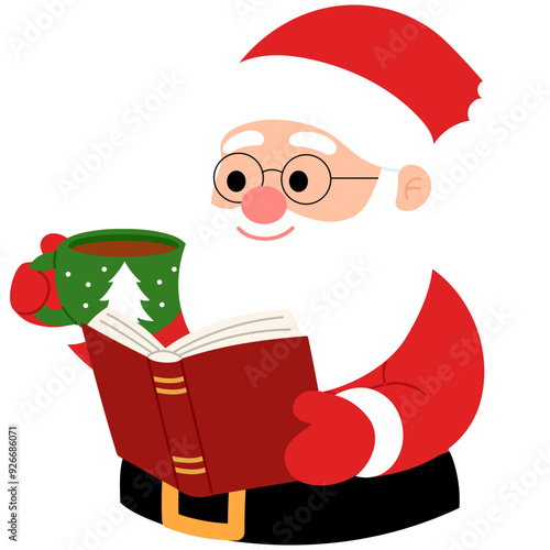 happy santa claus wearing eye glasses is drinking hot cocoa and reading book illustration 