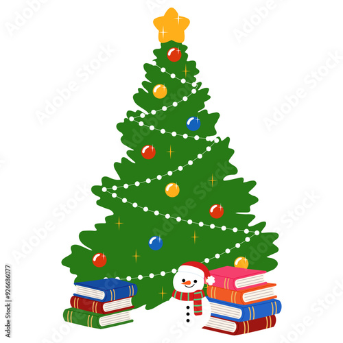 christmas tree decoration with ornament ball and christmas light, stacked books and tiny snowman with santa hat and scarf figurine illustration
