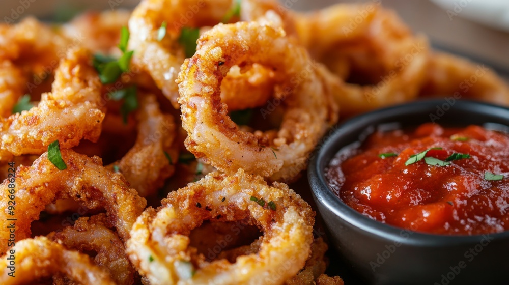 A detailed shot of a platter of crispy calamari rings with a side of marinara sauce, focusing on the golden-brown texture and crispy coating. A detailed shot of a platter of crispy calamari rings with a side of marinara sauce, focusing on the golden-brown texture and crispy coating.