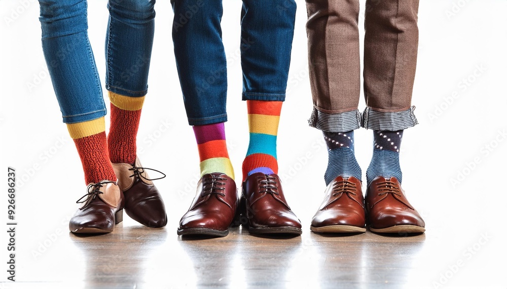 Three people wearing colorful socks and brown shoes Three people wearing colorful socks and brown shoes