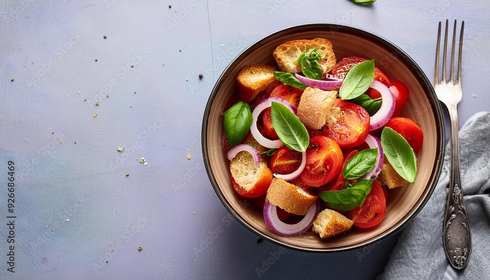 Top view of a bowl of panzanella salad with tomatoes, basil, red onion and bread