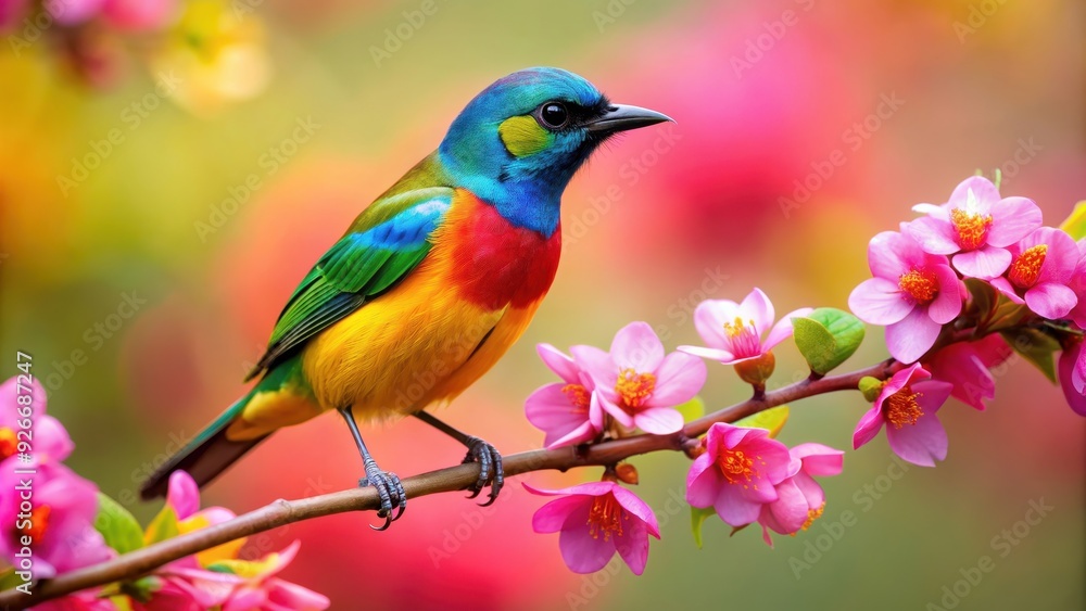 Colorful bird perched on a blooming flower, bird, flower, colorful, wildlife, nature, vibrant, perched, beautiful, feathers Colorful bird perched on a blooming flower, bird, flower, colorful, wildlife, nature, vibrant, perched, beautiful, feathers