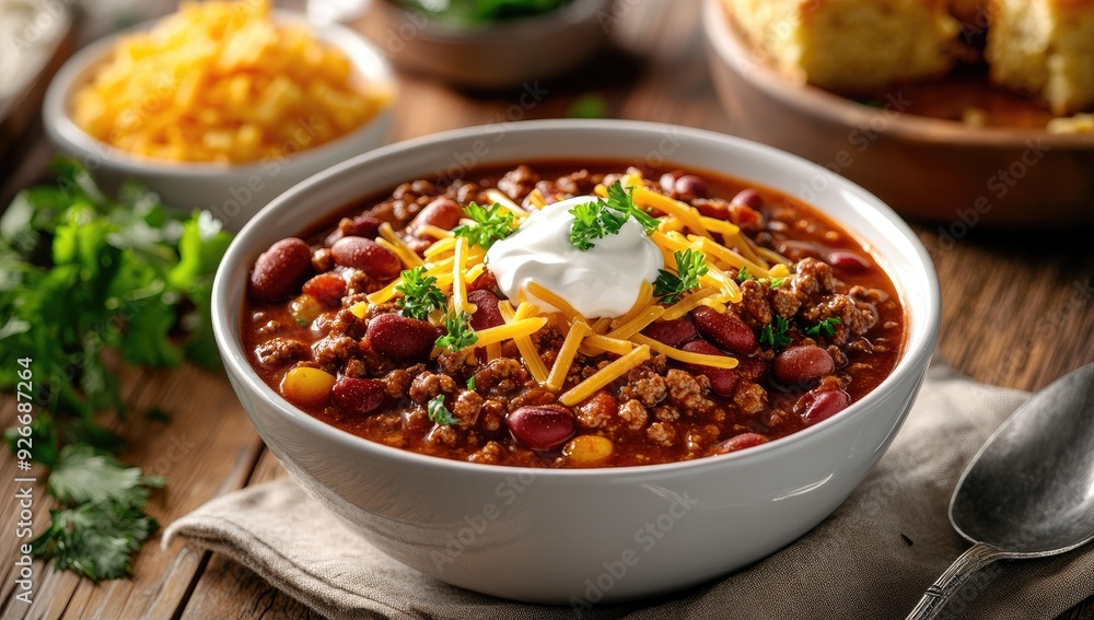 Chili with cheese, sour cream, and parsley. Chili with cheese, sour cream, and parsley.