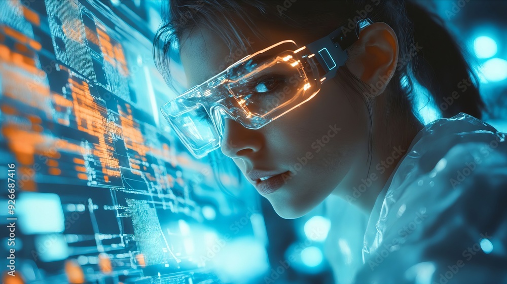 A woman wearing a pair of futuristic glasses looking at a computer screen A woman wearing a pair of futuristic glasses looking at a computer screen