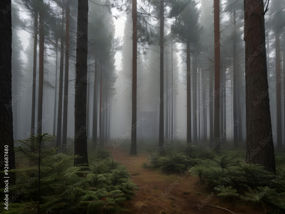 A pine forest shrouded in early morning mist, with tall trees disappearing into the fog. The ground is covered in pine needles, and the scene exudes a quiet, peaceful mood. A pine forest shrouded in early morning mist, with tall trees disappearing into the fog. The ground is covered in pine needles, and the scene exudes a quiet, peaceful mood.