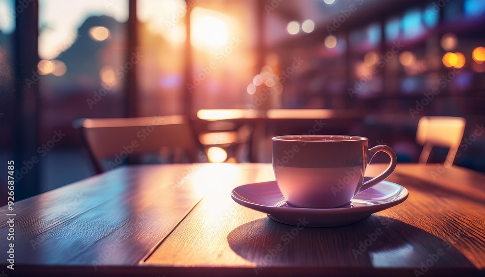 Cup of coffee / tea on a wooden table in the morning light at a restaurant; synthwave Cup of coffee / tea on a wooden table in the morning light at a restaurant; synthwave