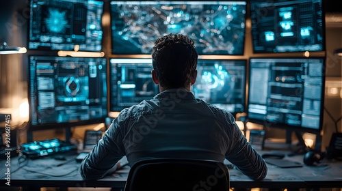 Hacker Working Late at Night with Multiple Computer Screens.